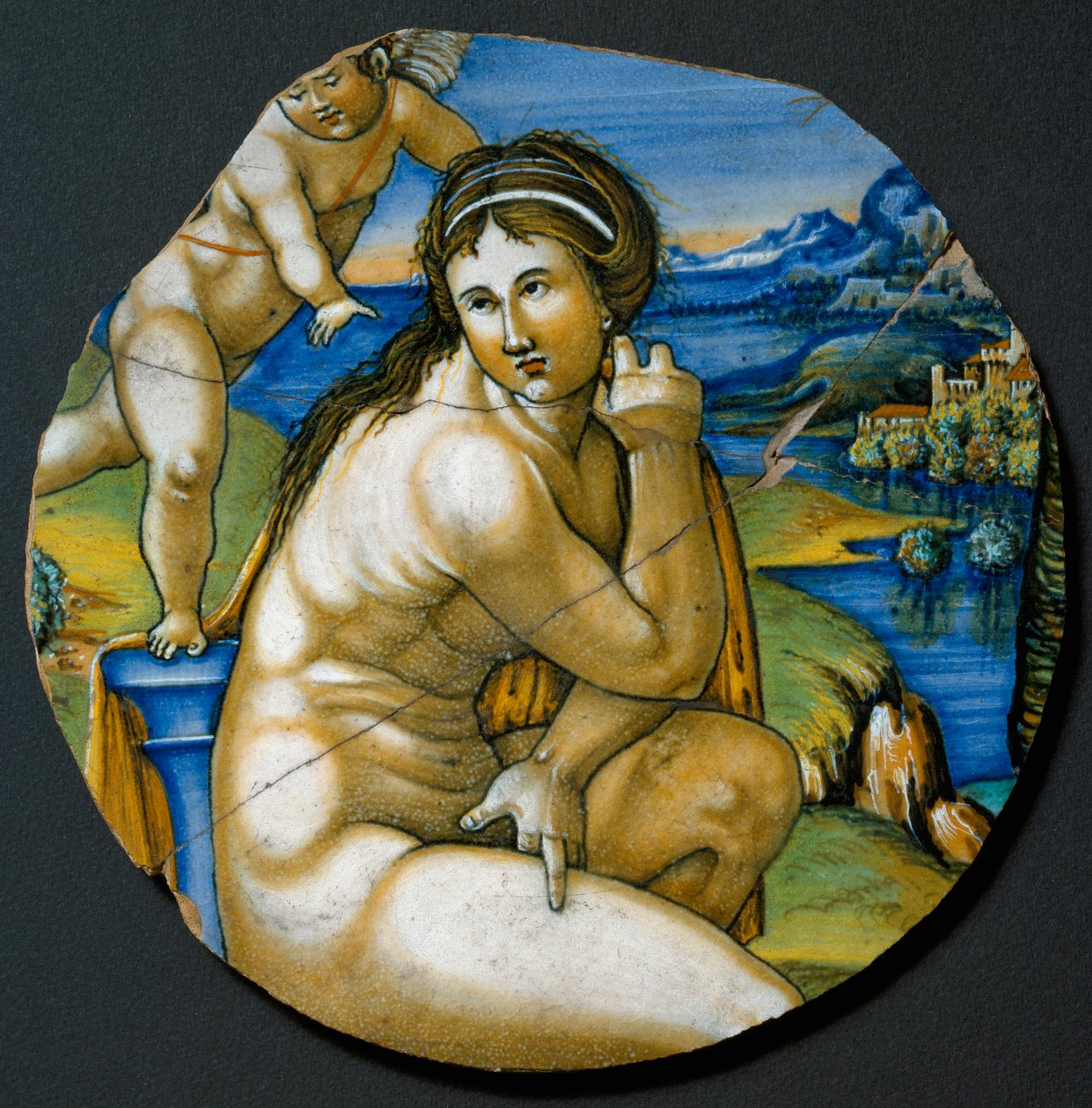 Representation av Venus. Keramisk platta tillverkad i Faenza, Italien. 1530 runt Florens, Bargello National Museum av Italian School