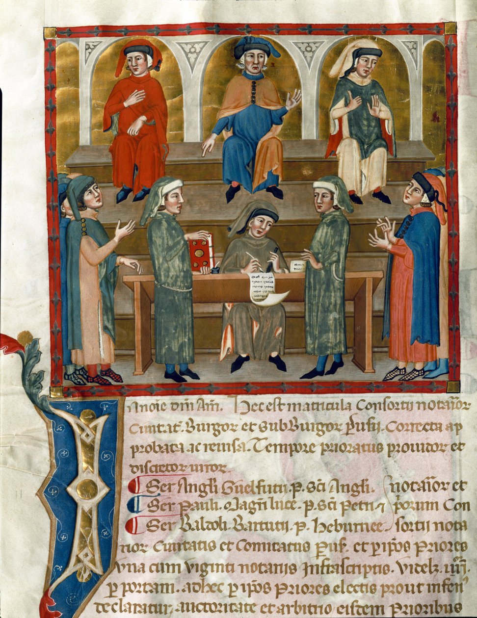 Representation of a Notary Studies Office Sida hämtad från Matricola del Consorzio dei Notai di Perugia (ms. 972) (Register of the Order of Notaries) 1343-1354 Perugia, Biblioteca Comunale Augusta av Italian School