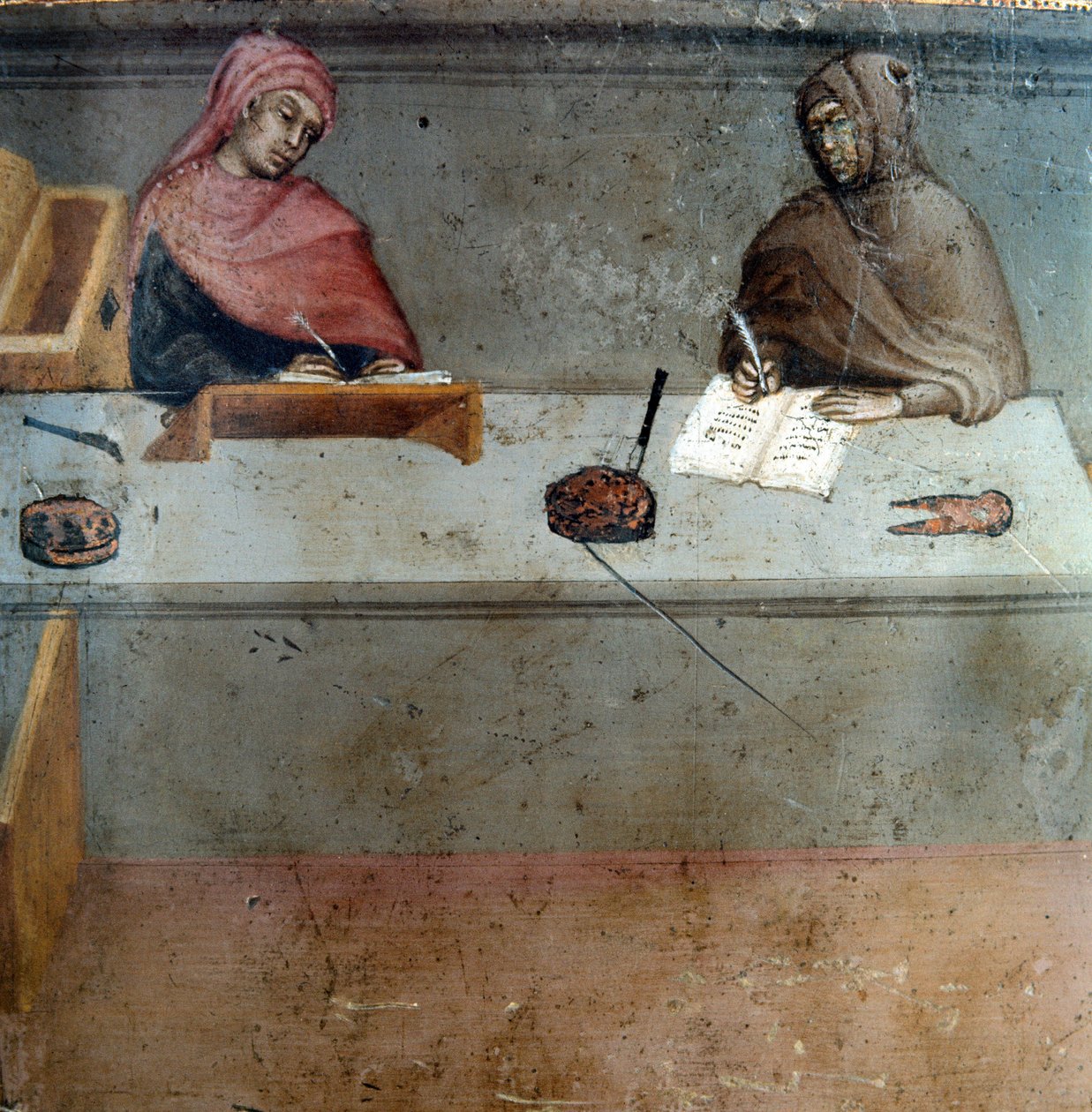 Representation av en kamerlingvist, assistent för en kopist Anonym målning på trä av en Biccherna (omslag till Sienas redovisningsregister) 1388. Siena Archivio di Stato, Italien av Italian School