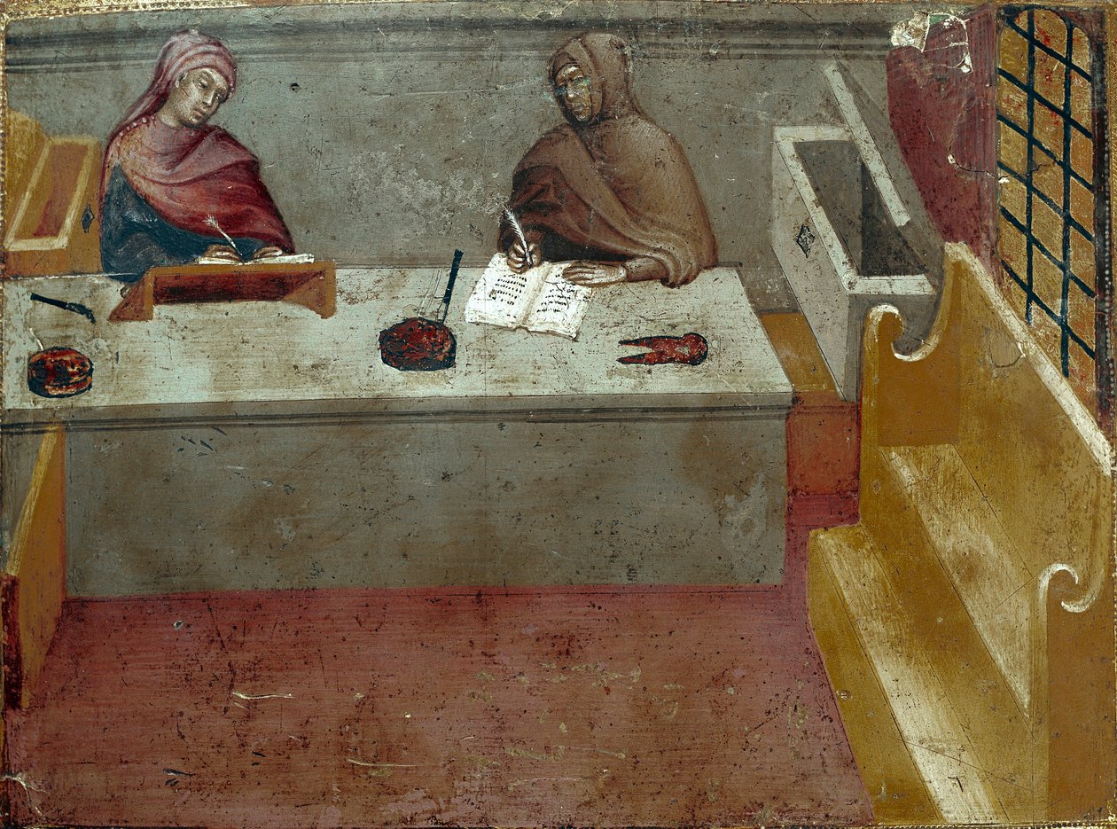 Representation av en kamerlingvist, assistent till en kopist Anonym målning på trä av en Biccherna (omslag till Sienas redovisningsregister) 1388. Siena Archivio di Stato, Italien av Italian School
