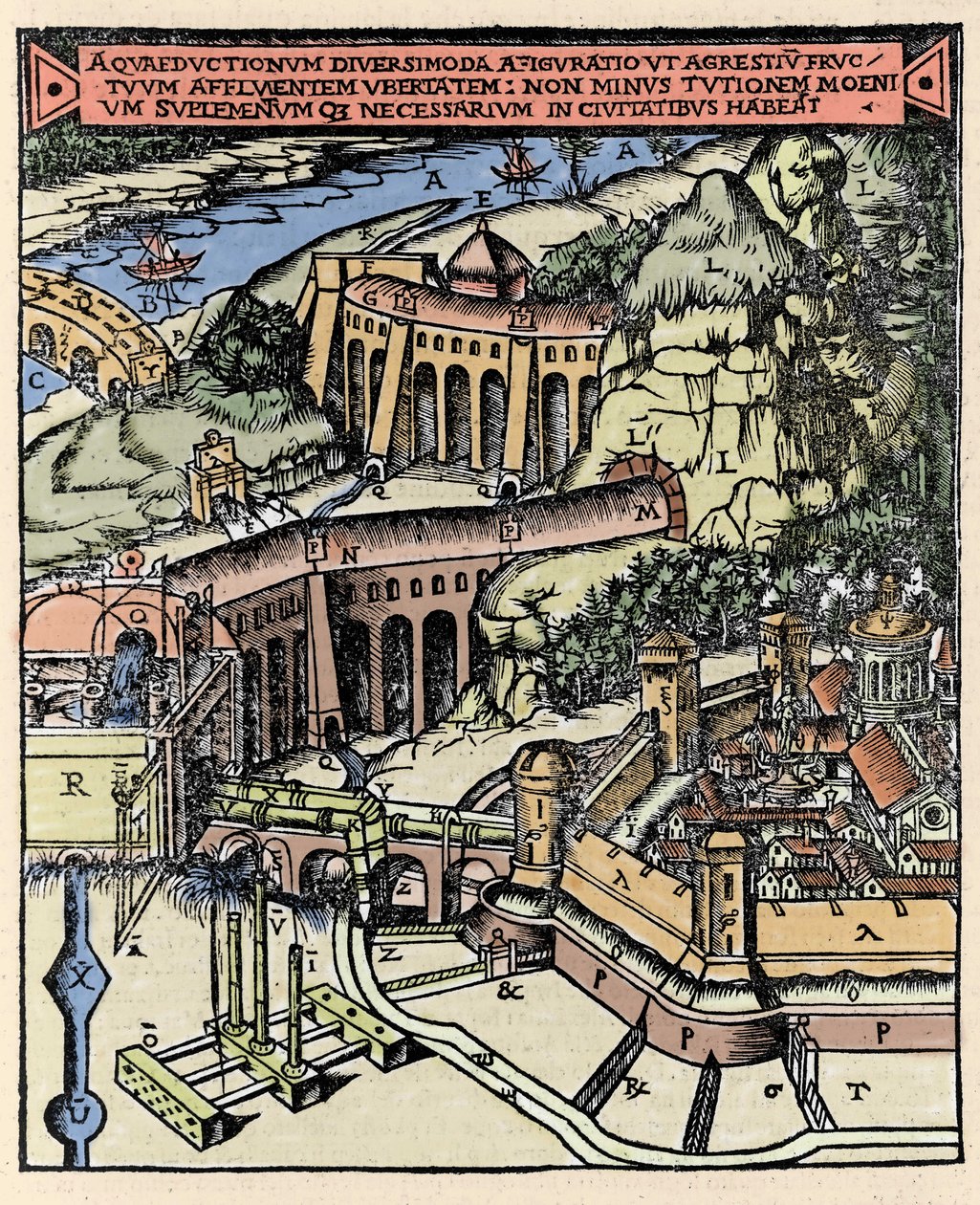 Representation av en akvedukt. Coloree gravyr från "" De Architectura"" av Vitruva (1:a århundradet f.Kr.) - Upplaga av Gottardo da Ponte, Come av Italian School