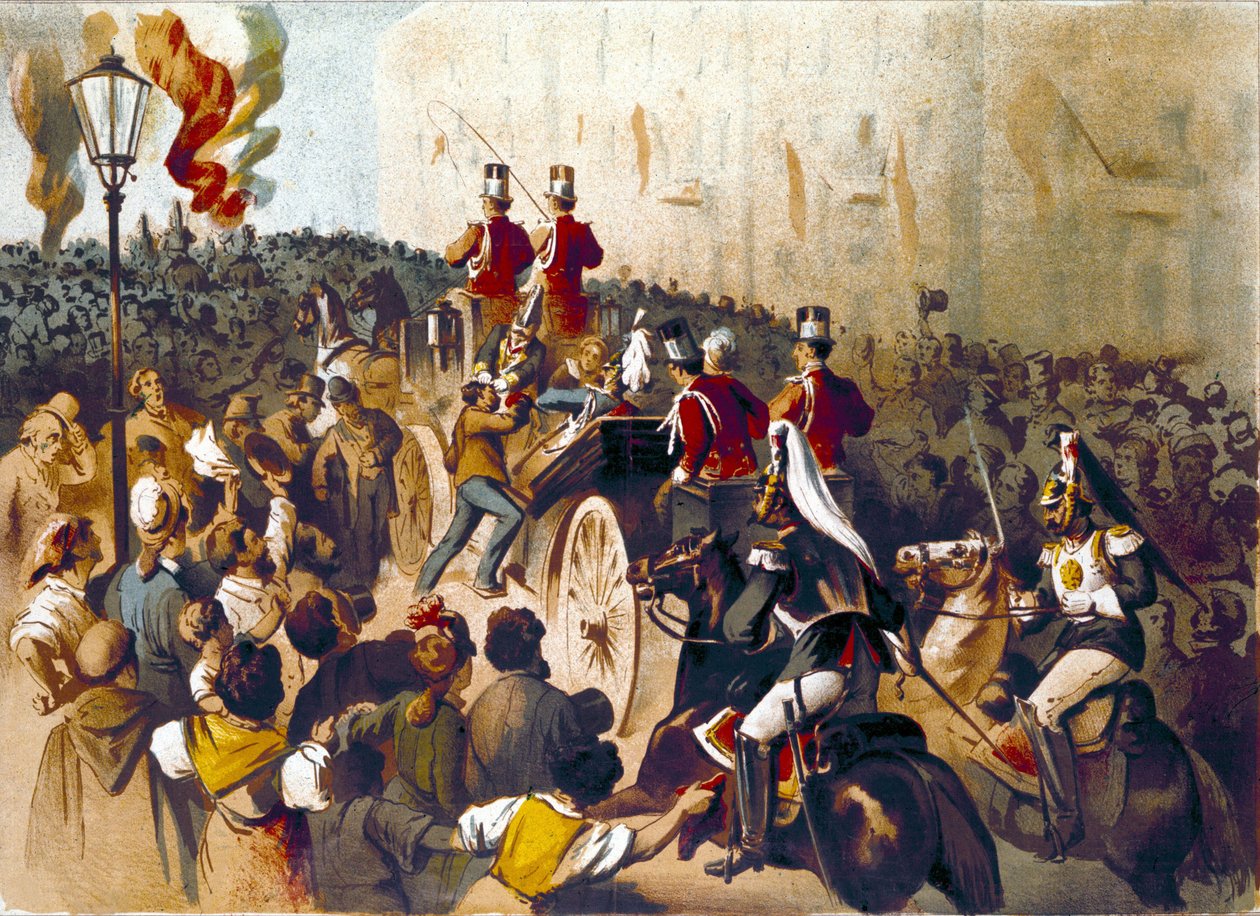 Representation av Giovanni Passannantes (1849-1910) attack mot den italienske kungen Umberto I (Humbert I) 1878 i Neapel. Denna händelse inspirerade poeten Giovanni Pascoli (1855-1912) i en Ode. Gravyr av 1800-talet av Italian School