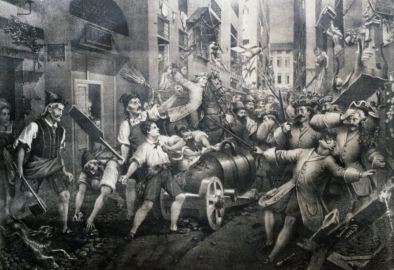 Revolt i Portoria-distriktet i Genua mot österrikare 1746, ledd av Giovan Battista Perasso (1735-1781) känd som Balilla av Italian School