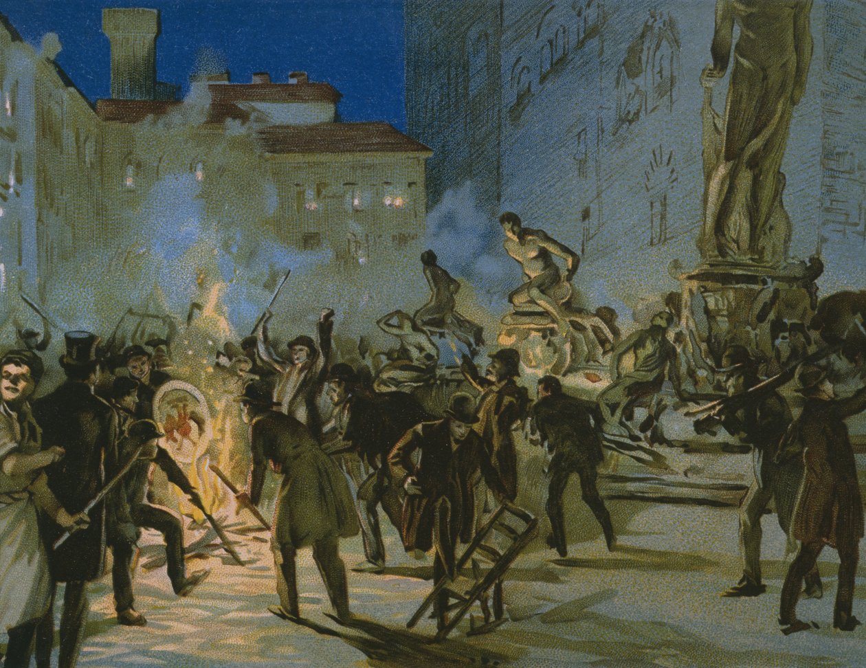 Revolution in Florence, 27 april 1859, illustration från ett album om Risorgimentos historia gjord för chokladen Talmone, sent 1800-tal av Italian School