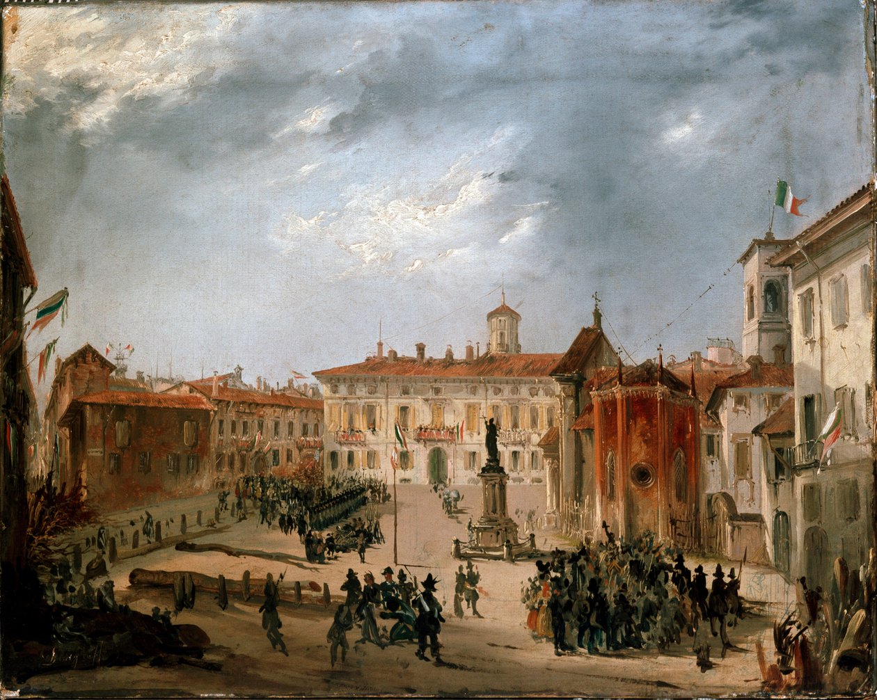 1848 års revolutioner, fem dagar i Milano: österrikiska fångar på Borromeotorget den 20 mars (målning av Italian School