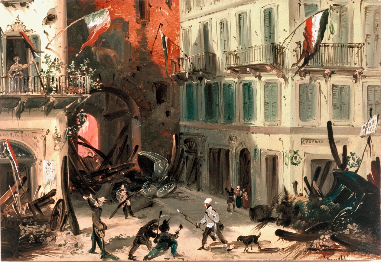 1848 års revolutioner, fem dagar i Milano: barrikader nära Pusterla Beatrice-porten den 22 mars (målning av Italian School