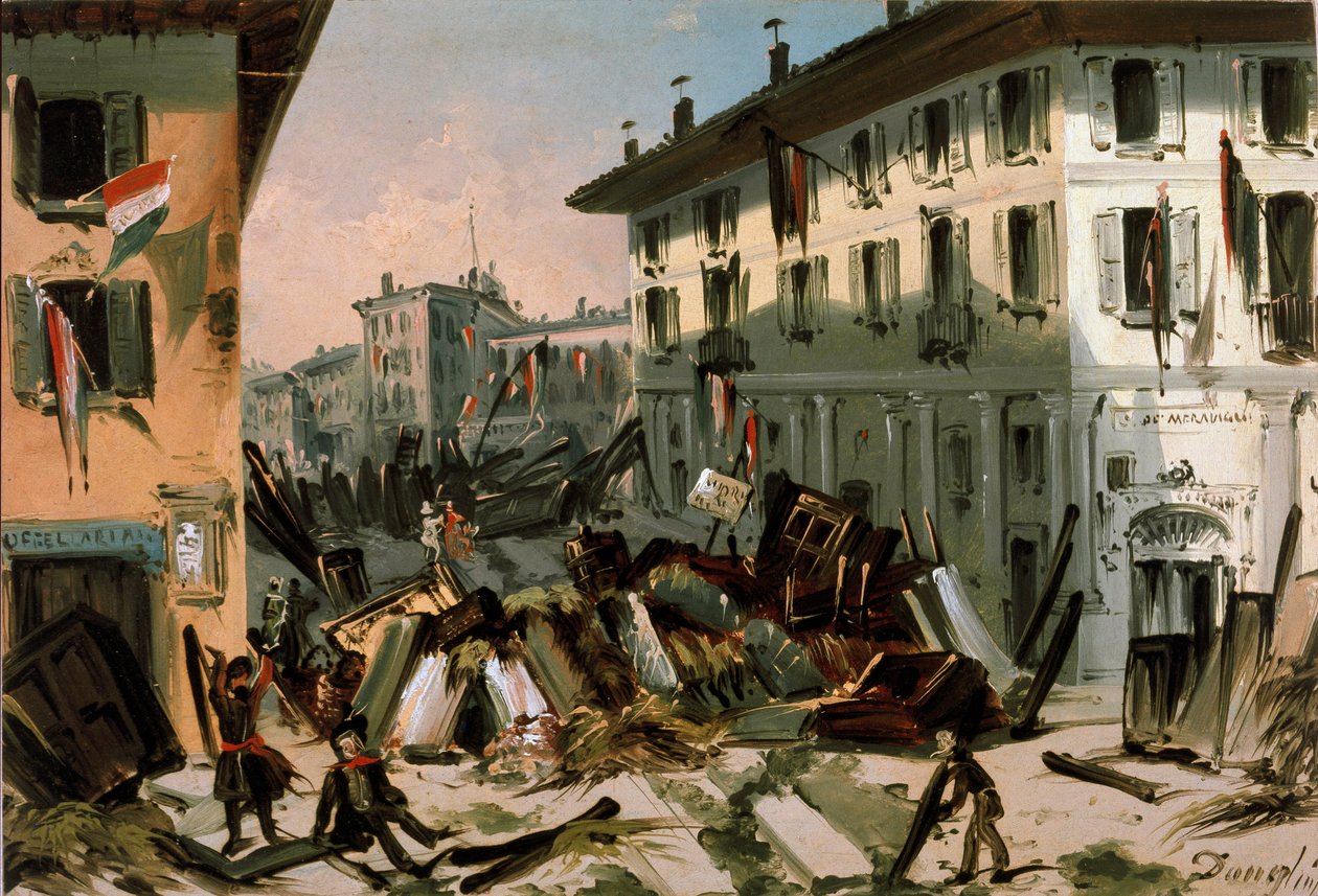 1848 års revolutioner, Fem dagar i Milano: barrikader på corso de porta Vercellina den 22 mars (målning av Italian School