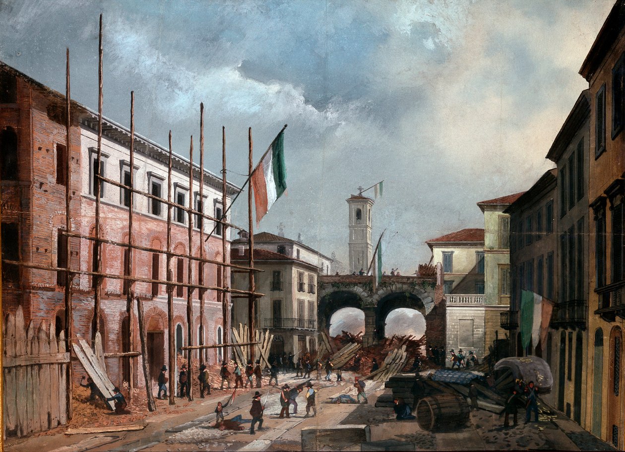 1848 års revolutioner, fem dagar i Milano: försvar av bågen av Porta Nuova den 19 mars (målning av Italian School