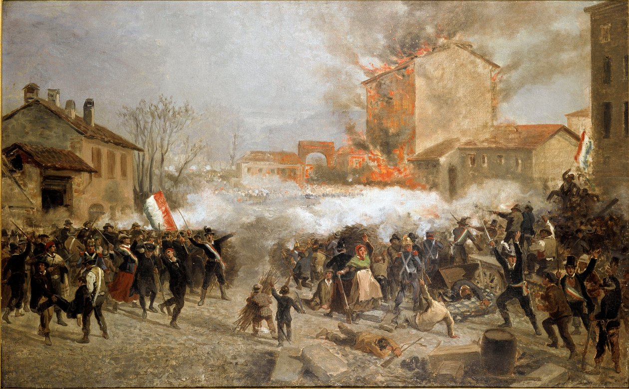 1848 års revolutioner, fem dagar i Milano: rebeller tar över porta Tosa den 22 mars (målning av Italian School
