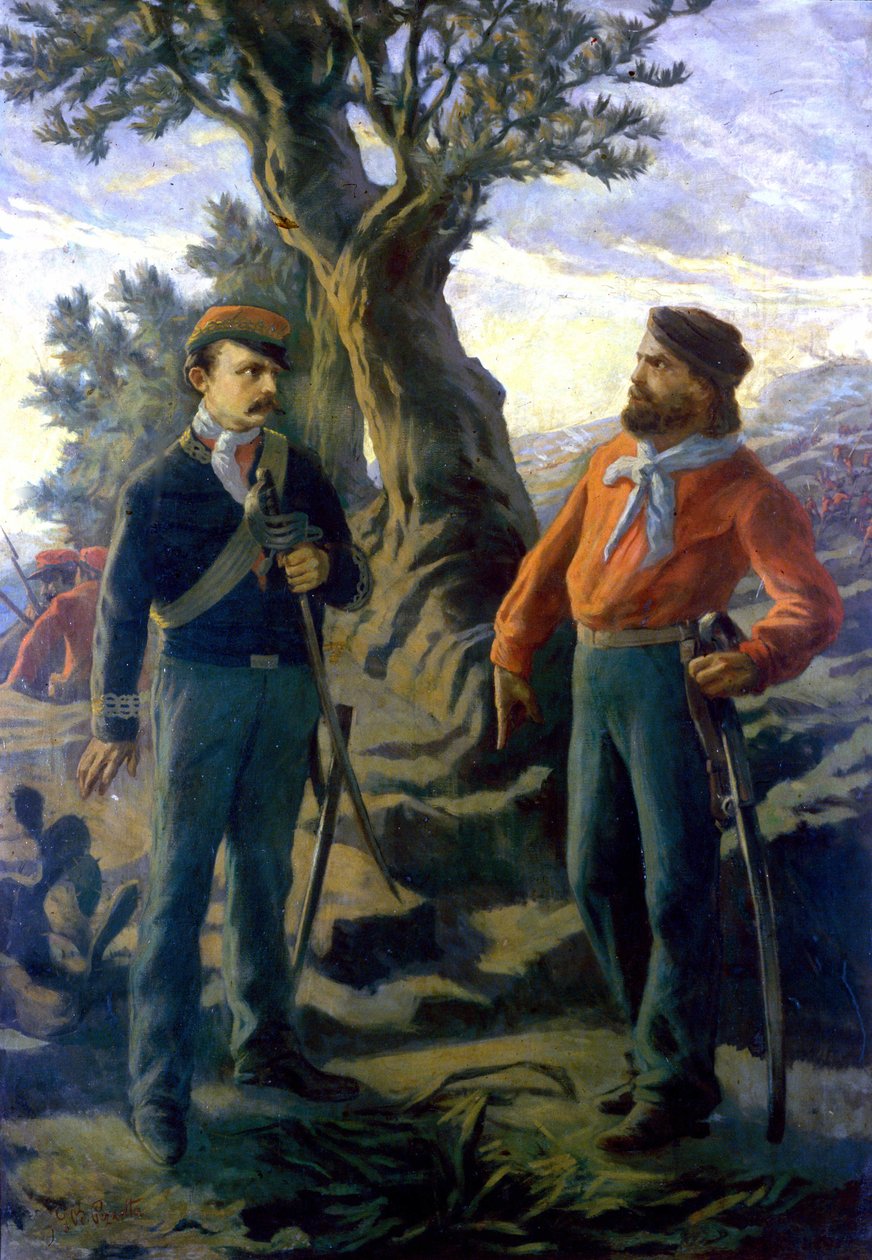 Risorgimento: Gerolamo Bixio kallade Nino Bixio (1821-1873) och Giuseppe Garibaldi (1807-1882) vid slaget vid Calatafimi på Sicilien den 15/05/1860. Garibaldi proklamerar för Bixio som föreslår att han drar sig tillbaka: "" Vad säger du Bixio? Här bygger v av Italian School