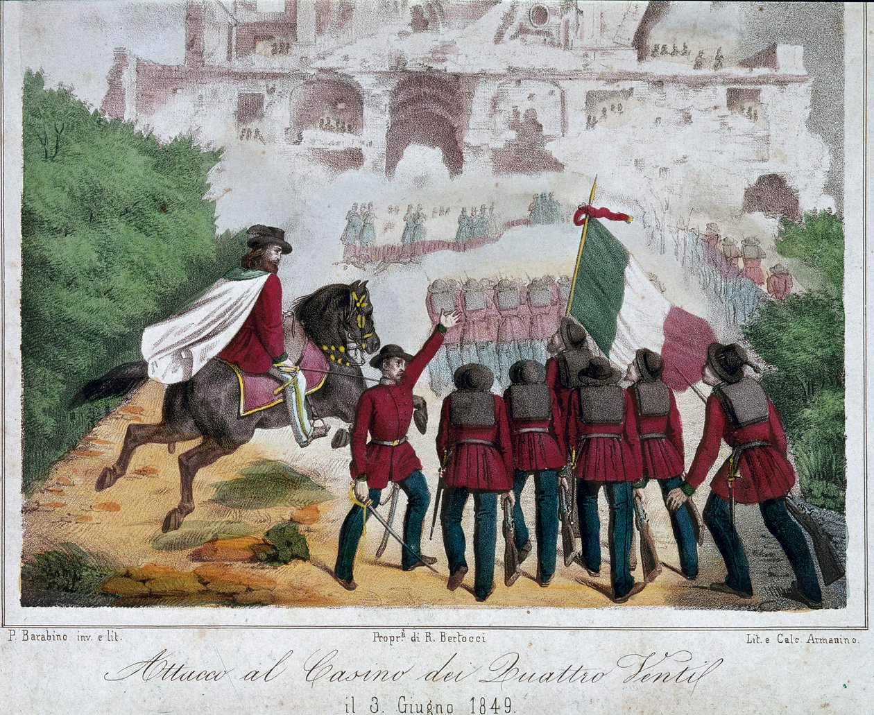Risorgimento, Romerska republiken (Repubblica romana): soldaterna från Giuseppe Garibaldis armé, till häst, försöker återerövra villaen Quattro Venti i Rom den 03/06/1849. Litografi Roms nationalmuseum för Risorgimento av Italian School