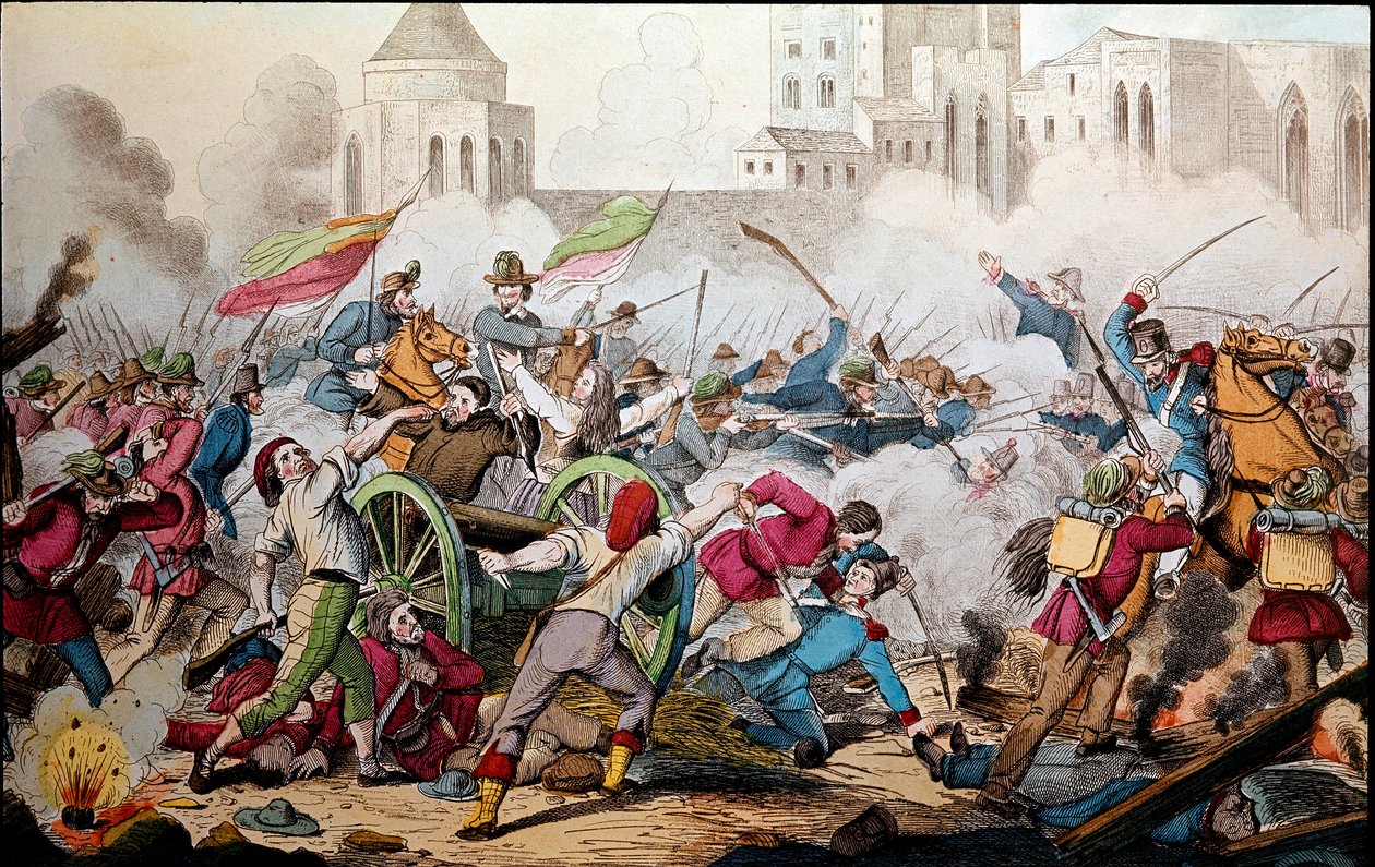 Risorgimento: Striderna i Palermo den 26 maj 1860. Expedition of the Thousand (röda skjortor). Giuseppe Garibaldi (1807-1882) mellan Palermo och folket i uppror anslöt sig till honom för att bekämpa soldaterna i Bourbonriket Neapel. Gravyr från 1800-talet av Italian School
