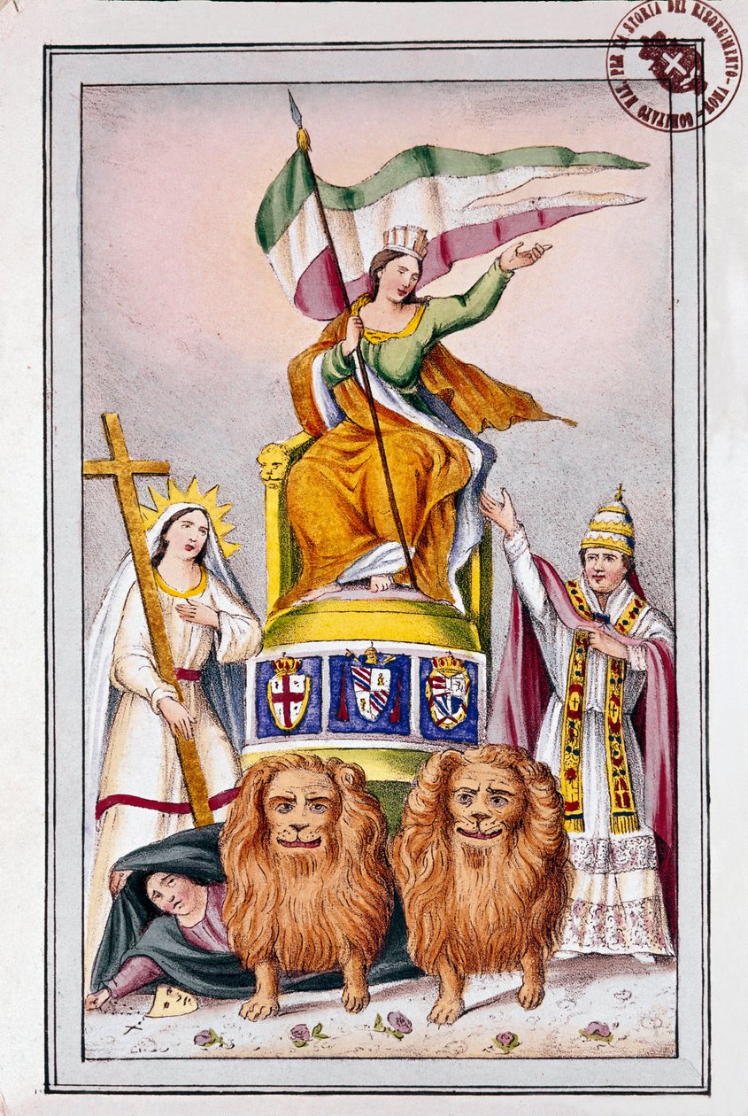 Risorgimento: propagandaaffisch för de påvliga staterna: "Italien har tron och påven Pius (Pio) IX" Litografi av 1800-talets Museo del Risorgimento, Rom av Italian School