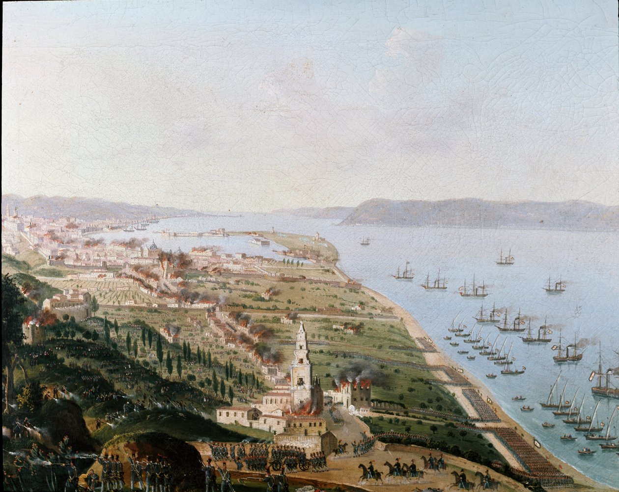 Risorgimento: de burboniska arméerna av Ferdinando II delle Due Sicilie (Ferdinand II av de två Sicilierna) i Messina (Sicilien) i augusti 1848 för att återta Sicilien efter upproren. Anonym målning. Nationalmuseet i San Martino Neapel av Italian School