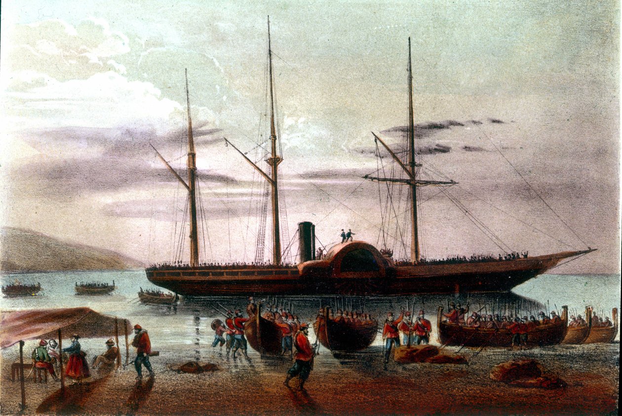 Risorgimento: Giuseppe Missoris avgång den 8/08/1860, officer av Giuseppe Garibaldis armé (1807-1882), i detroit av Messina mot fortet Villa San Giovanni. Illustration av 1800-talet av Italian School