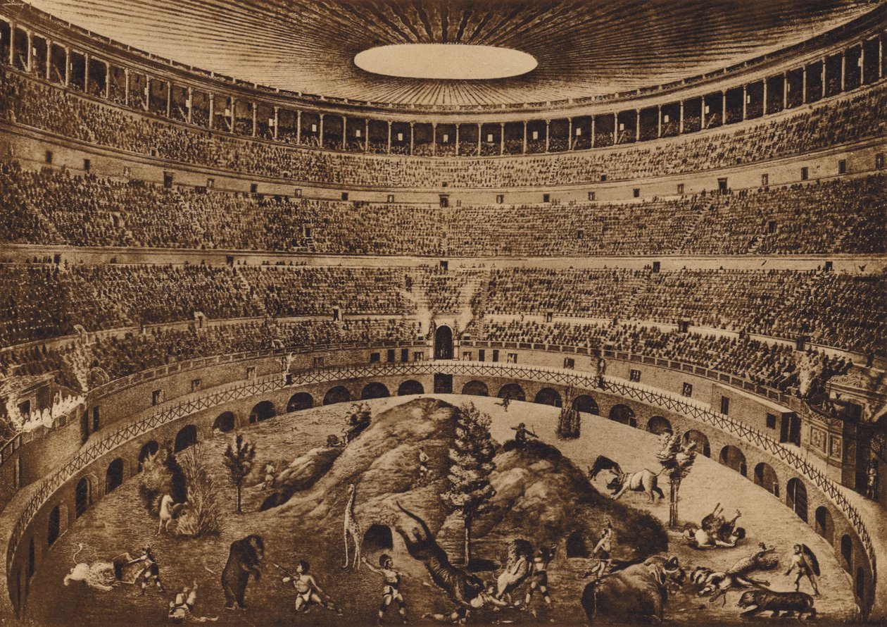 Roma / Rom: Colosseums interiör, Jakten på mässorna, historisk rekonstruktion (litografi) av Italian School
