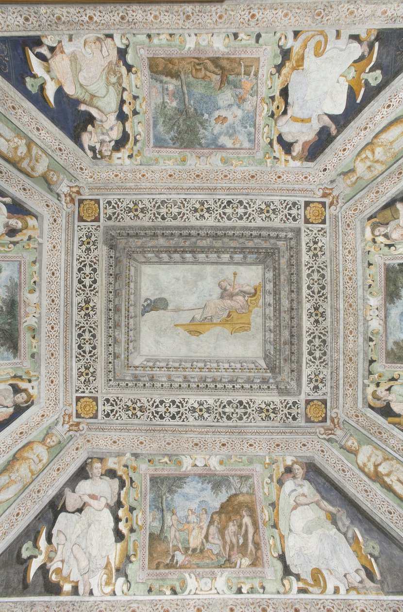 Room of Juno: Juno på en vagn dragen av två påfåglar som tittar på sin mans svek av Italian School
