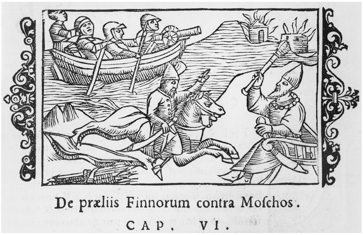 Ryssar och finnar som slåss, illustration från History of the Northern Nations av Olaus Magnus (1490-1558), publicerad i Rom, 1555 av Italian School