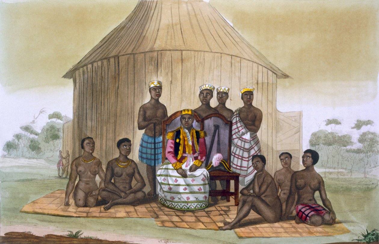 Saba, eller härskare, med adelsmän och hans fru, Västafrika, ca 1820-30-talet av Italian School