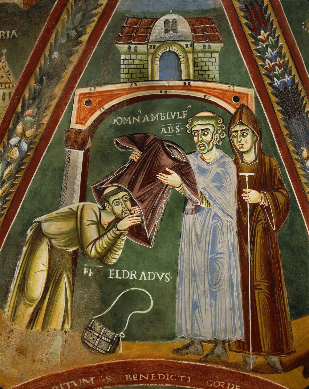 Saint Heldrad återvänder från Santiago de Compostela, i kapellet Sts. Heldrad och Nicholas (fresk) av Italian School