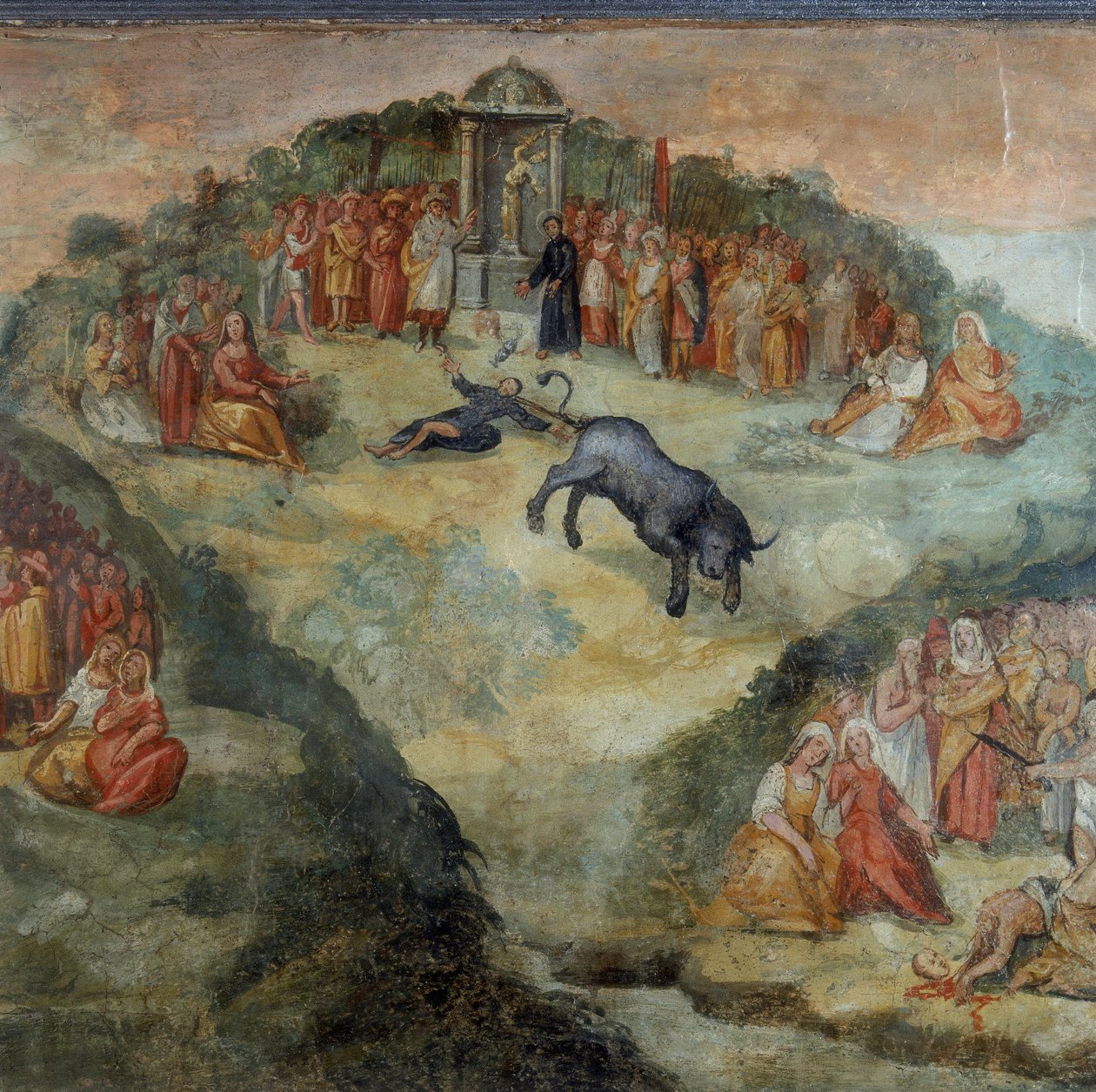 Den helige Hippolytus kastar det tonande som gavs till honom av Pontifex Battistellus för att offra till Jupiter, detalj av målningen av den helige Hippolytus och hans följeslagares martyrskap av Italian School