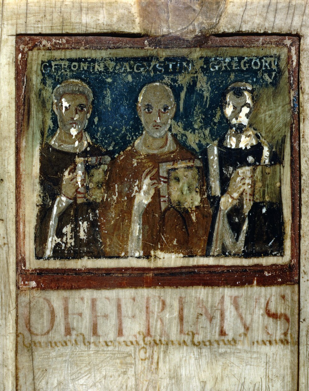 Saint Hieronymus, Saint Augustine (354-430) & Saint Gregoire I the Great (540-604), Detalj från Diptyken av Boece, c.487 (miniatyr på elfenben) av Italian School
