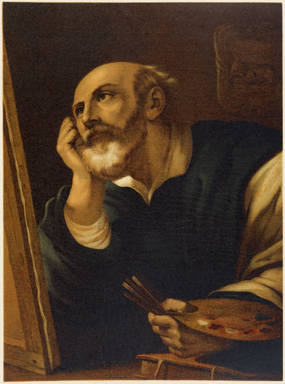 Saint Luke som målar i "Golden classical Bible: history of divine uppenbaring in the old and in the new strävan" "av Giovanni Ladislao Sykora (vol. 2), översatt av Don Clemente Benetti. (Italiensk bibel) av Italian School