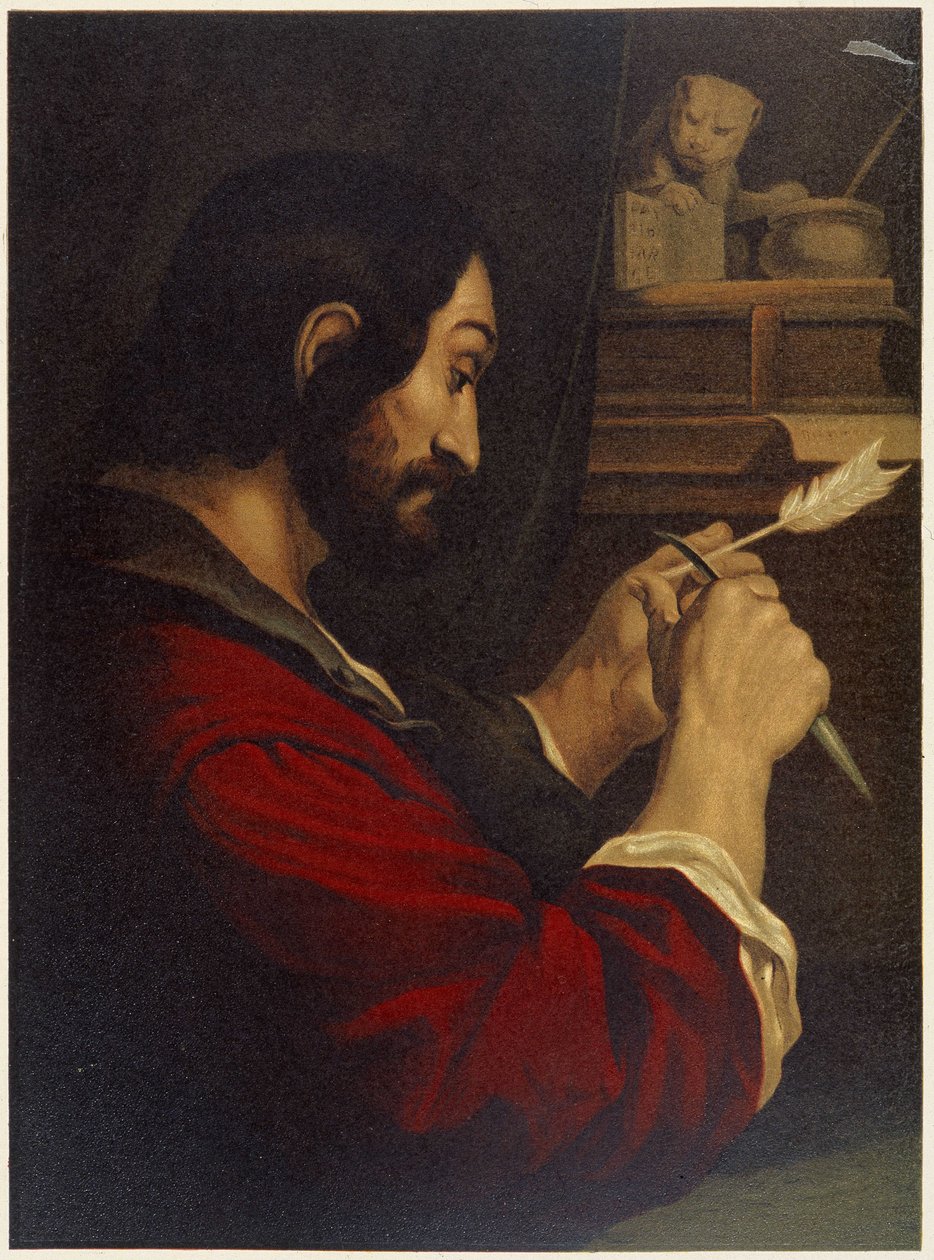 Sankt Markus snidar en penna - i "Klassisk gyllene bibel: historia om gudomlig uppenbarelse i den gamla och nya strävan" "av Giovanni Ladislao Sykora (vol. 2), översatt av Don Clemente Benetti. (Italiensk bibel) av Italian School