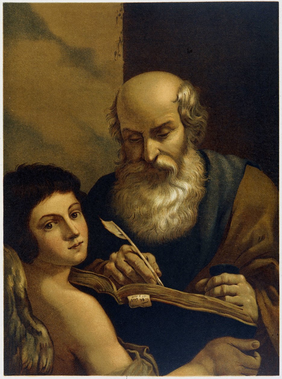 Saint Mathieu Writing and an Angel - i "Classic Golden Bible: History of Divine Revelation in the Ancient and New Tension" ”av Giovanni Ladislao Sykora (vol. 2), översatt av Don Clemente Benetti. (Italiensk bibel) av Italian School