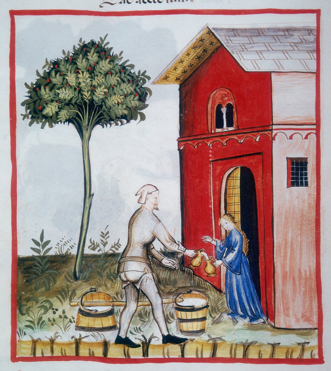 Försäljning av surmjölk (c.59v), Tacuinum Sanitatis, Codex Vindobonensis Series Nova 2644 av Italian School