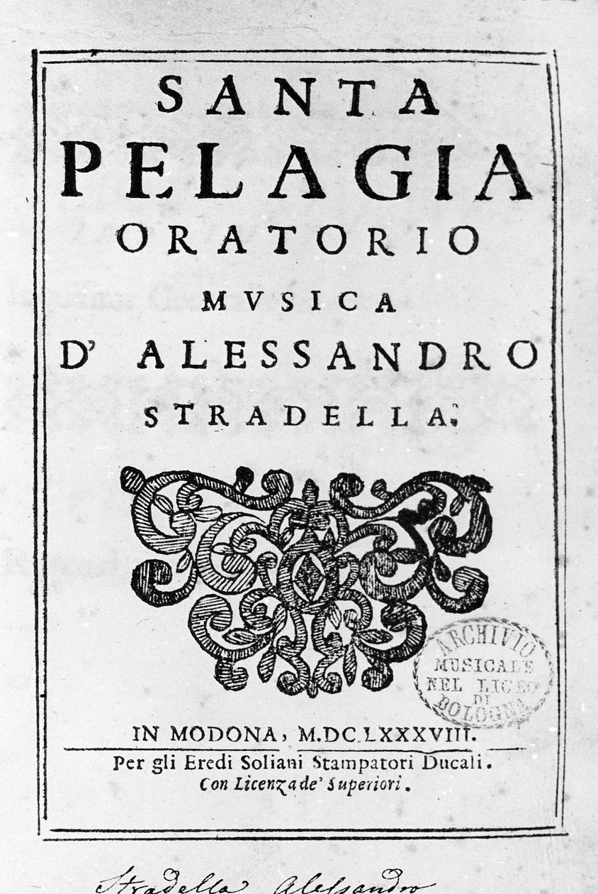 Santa Pelagia, frontispice av partituren till oratoriet av Alessandro Stradella (1644 - 1682), italiensk kompositör. Modena 1688. av Italian School