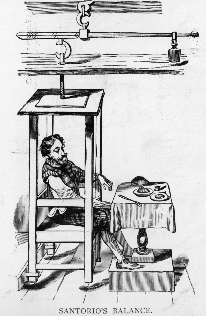 Santorio Santorio sitter i sin balansmaskin av Italian School