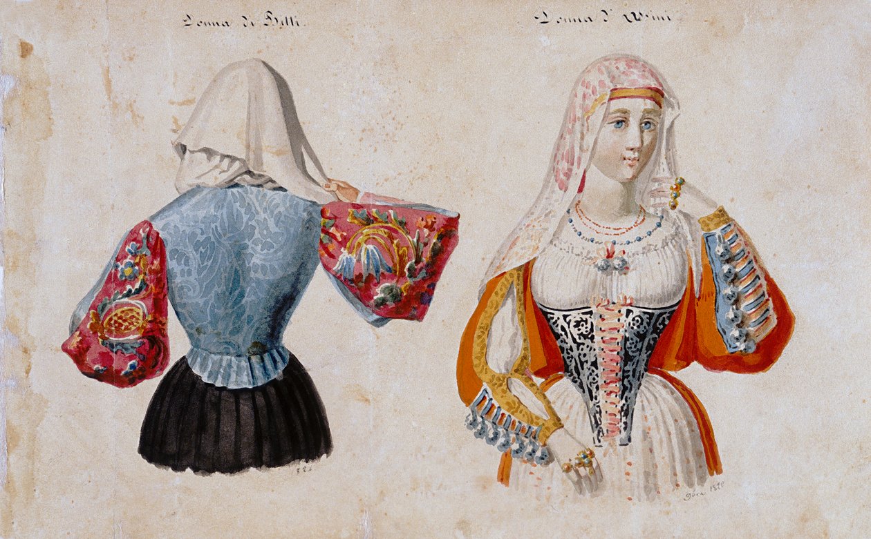 Sardiska kostymer från Bitti och Osini, tryck ms. 257, Cominotti Collection av Italian School