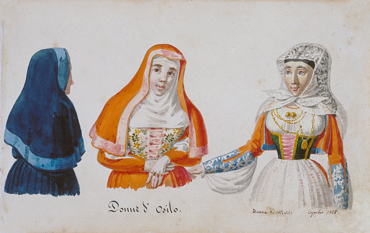 Sardiska kostymer från Osilo och Milis, tryck ms. 258, Luzzetti Collection av Italian School
