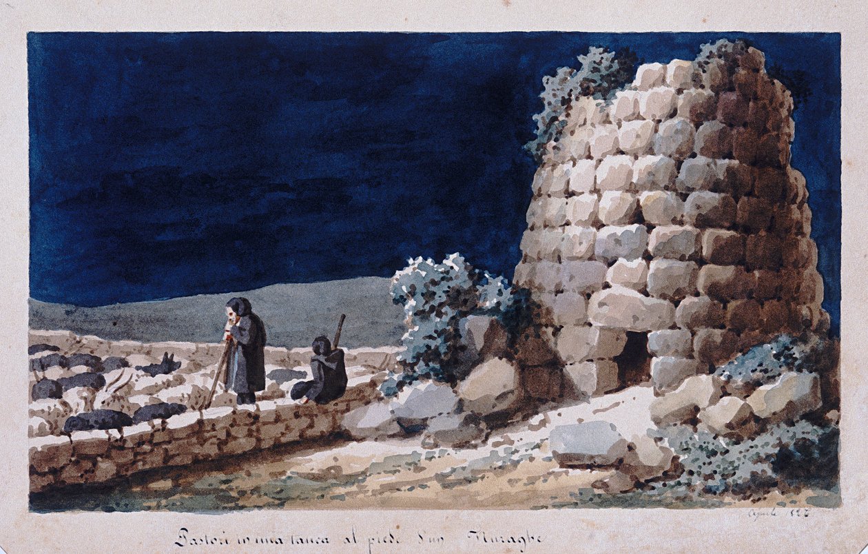 Sardiska herdar nära en nuraghe, tryck ms. 257, Cominotti Collection, c.1825 av Italian School