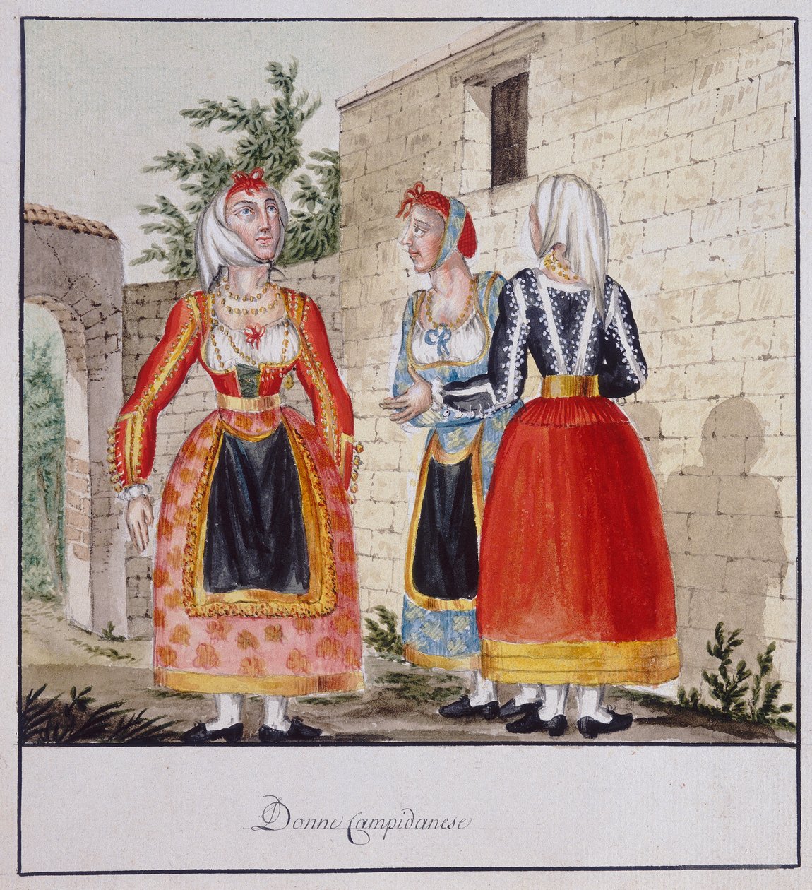 Sardinska kvinnor i kostymer från Campidano, tryckt ms.258, Luzzetti Collection av Italian School