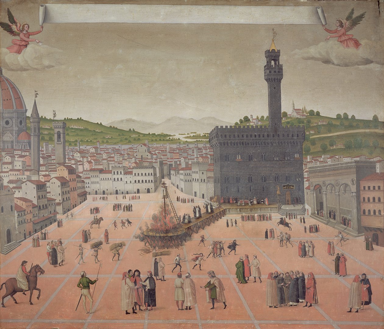 Savonarola bränns på bål, Piazza della Signoria, Florens (olja på panel) av Italian School