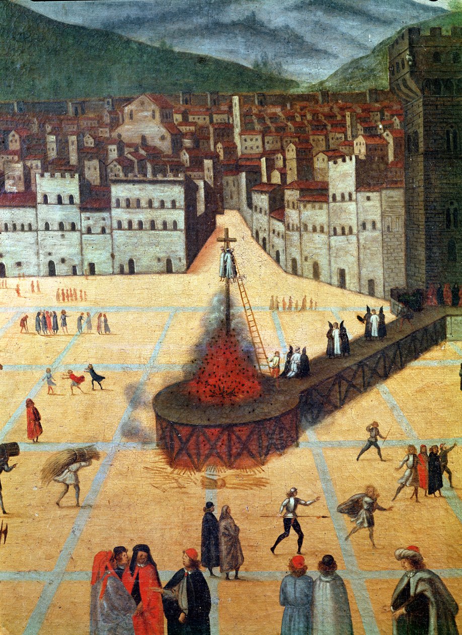 Savonarola bränns på bål, Piazza della Signoria, Florens, detalj av branden (olja på panel) av Italian School