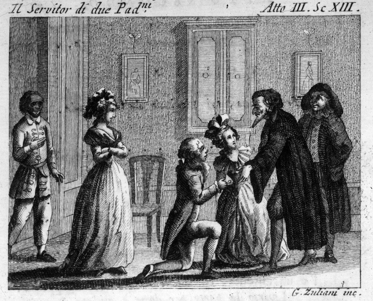 Scen 13 i akt III av det komiska stycket "" Arlecchino servitore di due padroni" (Harlequin servant of two masters) (1745) av Carlo Goldoni (1707-1793). Gravyr av 1700-talet av Italian School