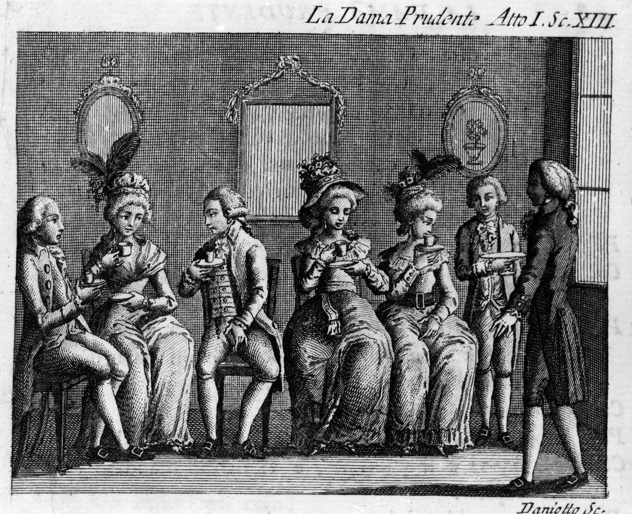 Scen 13 i akt I av det komiska stycket "" La dama prudente"" (The prudent wife) (1751) av Carlo Goldoni (1707-1793). Gravyr av 1700-talet av Italian School