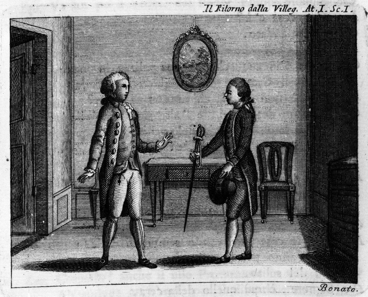 Scen 1 i akt I av det komiska stycket "" Ritorno della villeggiatura"" (Stadens återkomst) (1761) av Carlo Goldoni (1707-1793). Gravyr från 1700-talet av Italian School
