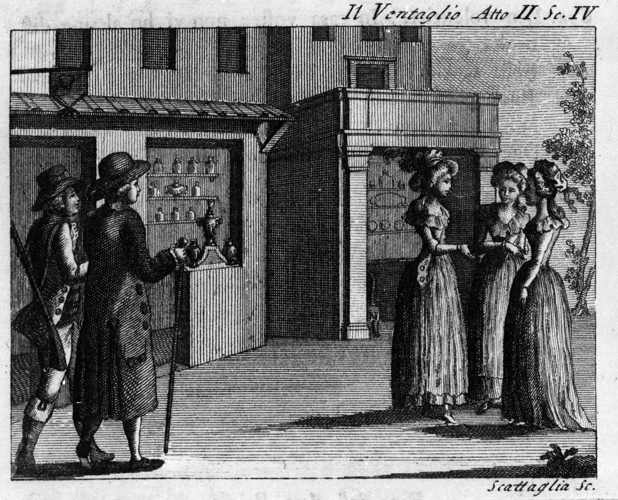 Scen 4 i akt II av det komiska stycket "" Il ventaglio"" (The eventel) (1764) av Carlo Goldoni (1707-1793). Gravyr av 1700-talet av Italian School