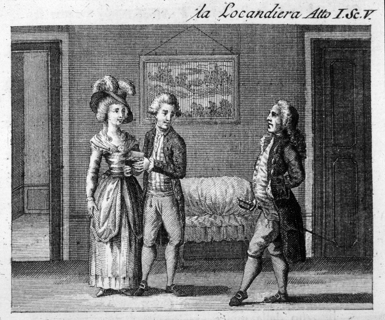 Scen 5 i akt I av stycket "La locandiera"" (1753) av Carlo Goldoni (1707-1793). Gravyr från 1700-talet av Italian School