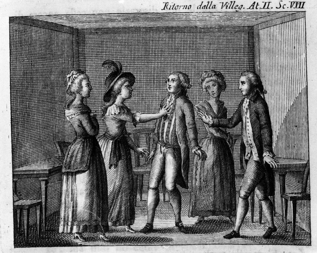 Scen 8 i akt II av det komiska stycket "" Ritorno della villeggiatura"" (Stadens återkomst) (1761) av Carlo Goldoni (1707-1793). Gravyr av 1700-talet av Italian School