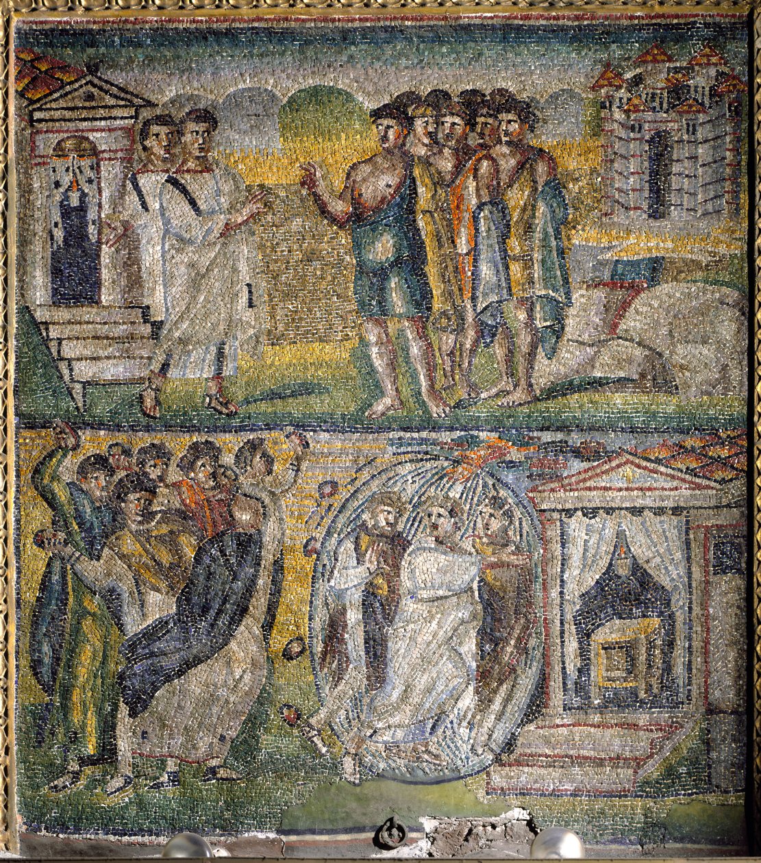 Scener från The Life of Moses: återvändandet av de tolv spioner som Mose skickade till det utlovade landet, försök till stening av Moses (mosaik) av Italian School