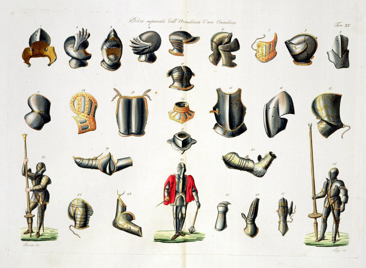 Separata Pieces of a Knights Armour, plåt 15 från The History of the Nations, graverad av G. Lago av Italian School