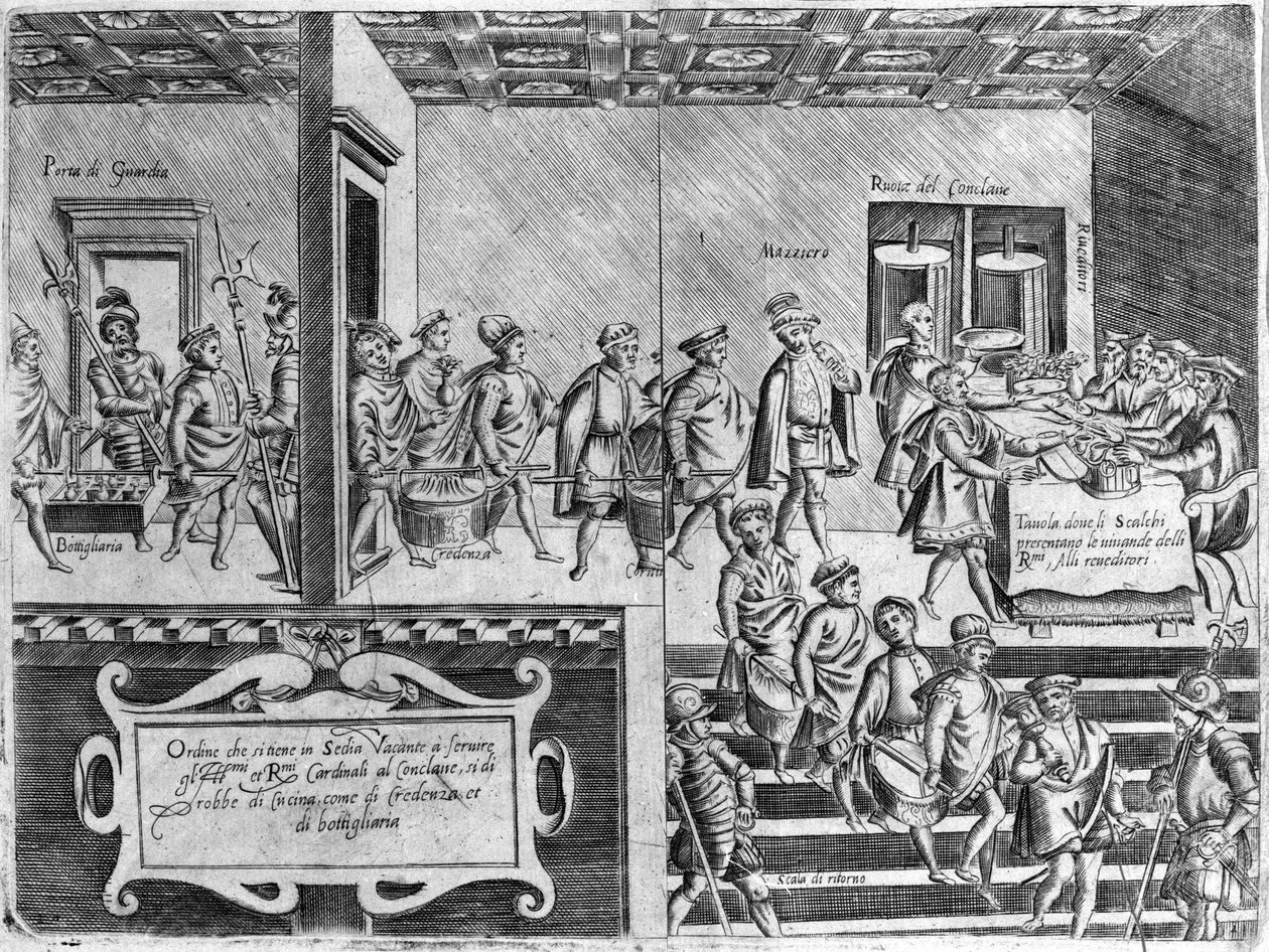 Tjänstgöring av kardinalerna under en konklav. Gravyr från "Opera", bok om gastronomi uppdelad i 6 delar, av Bartolomeo Scappi, personlig kock av påven Pius V. Venedig av Italian School