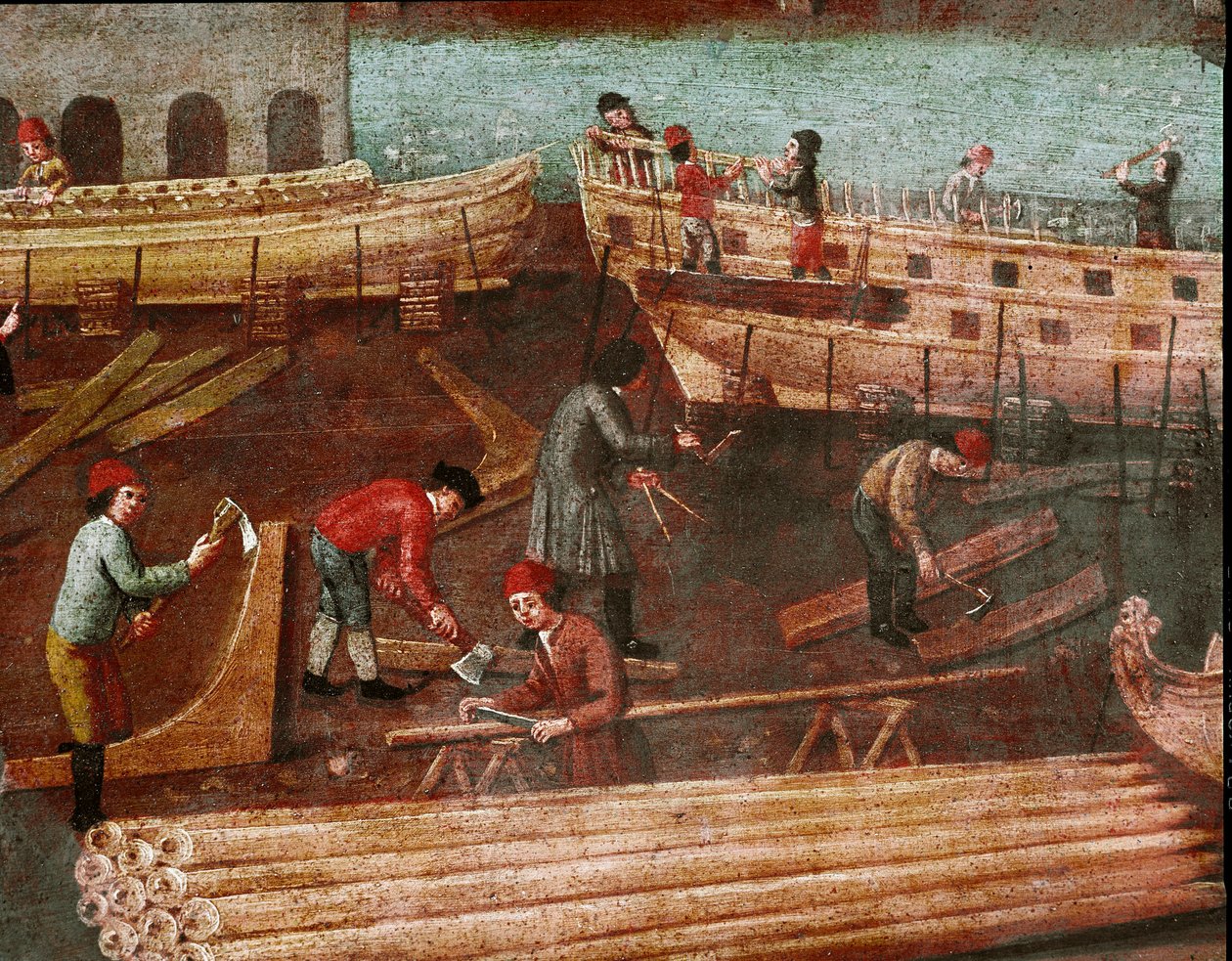 Skeppsvarv i Venedigs arsenal Detalj - Målning av den venetianska skolan - 1700-talet - Venedig, Correr museum av Italian School