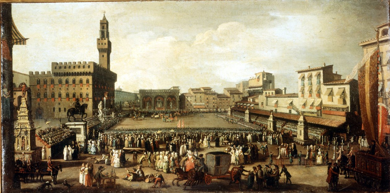 Show på Signoria Square i Florens. Olja på duk av Italian School