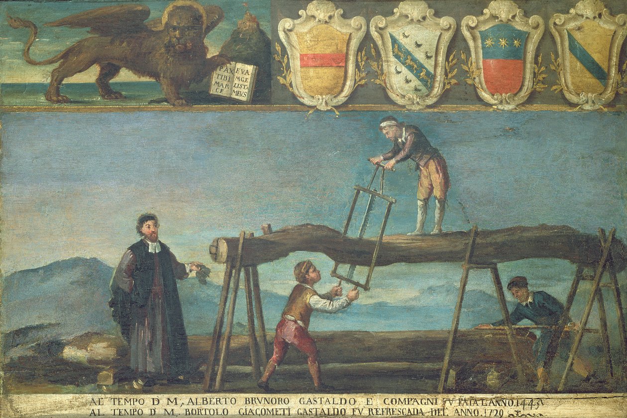 Tecken på det venetianska sågverksarbetarskrået, 1445 (panel) av Italian School